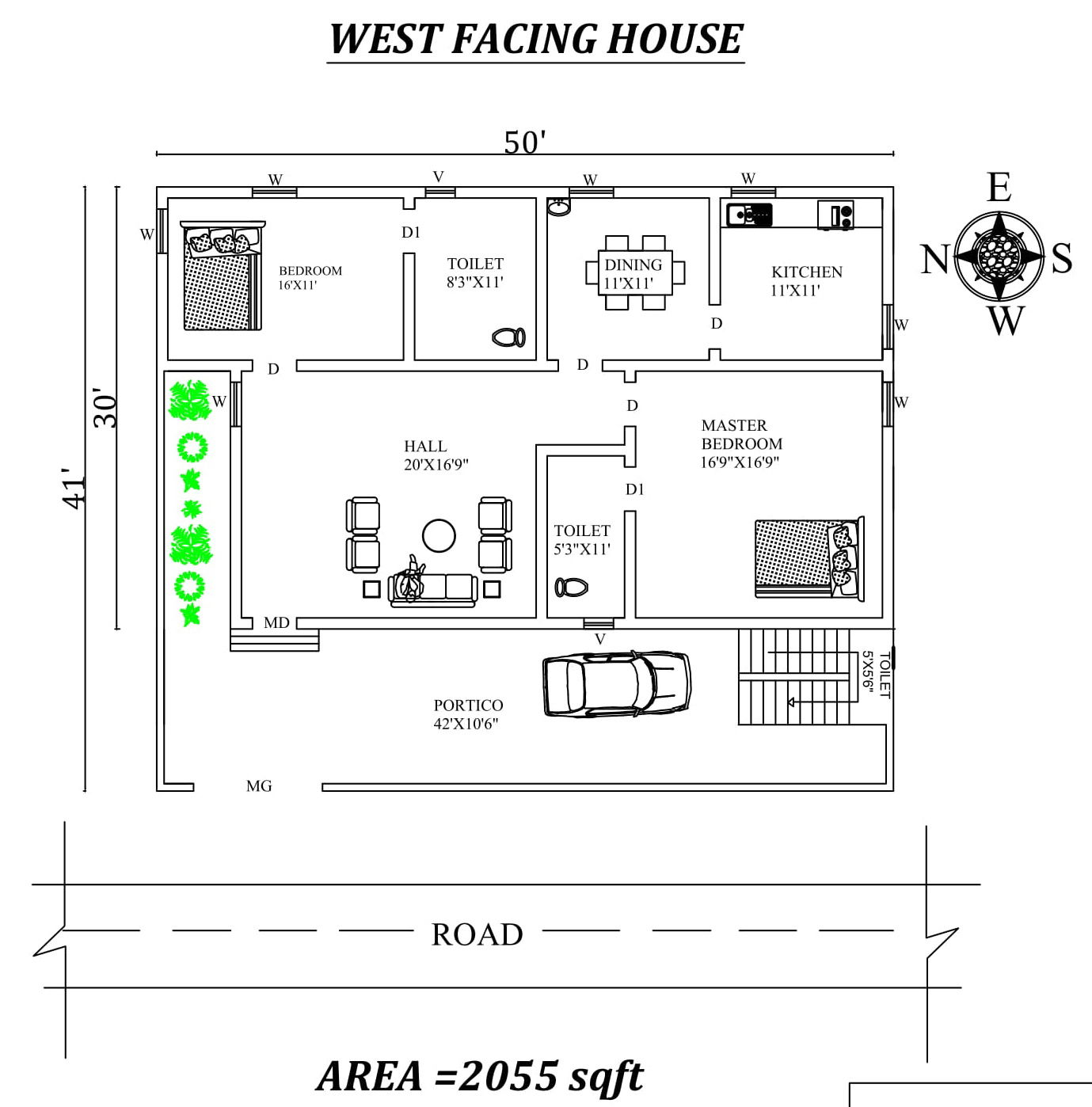 50'X41' Marvelous 2bhk West facing House Plan As Per Vastu Shastra.