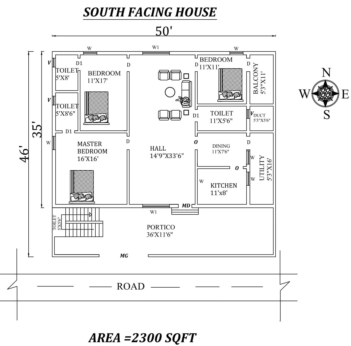 50'X46' 3bhk South facing House Plan As Per Vastu Shastra. Autocad DWG and Pdf file details.