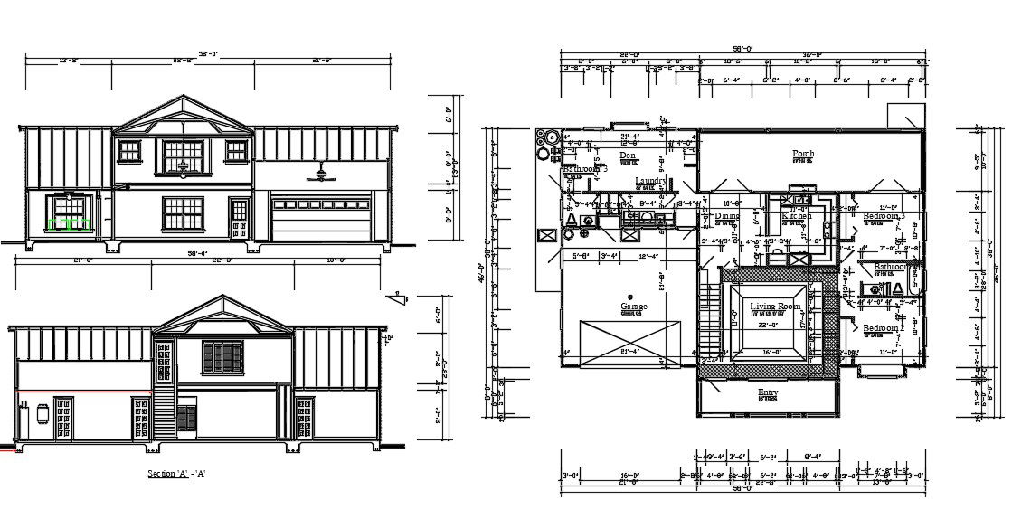 50'X46' House Plan With Sectional Elevation Design DWG File