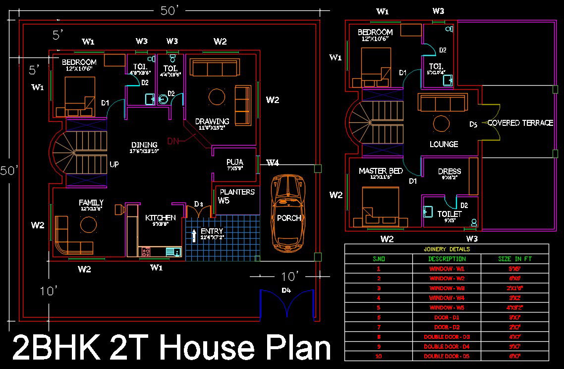 50X50 Free House Plan With Furniture Drawing DWG File
