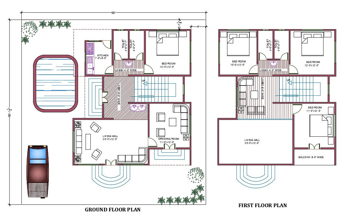 50X50 House Plan AutoCAD Drawing Download DWG File
