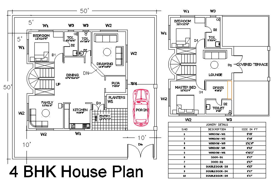 50X50 House Plans AutoCAD Drawing DWG File (2500 Square Feet)