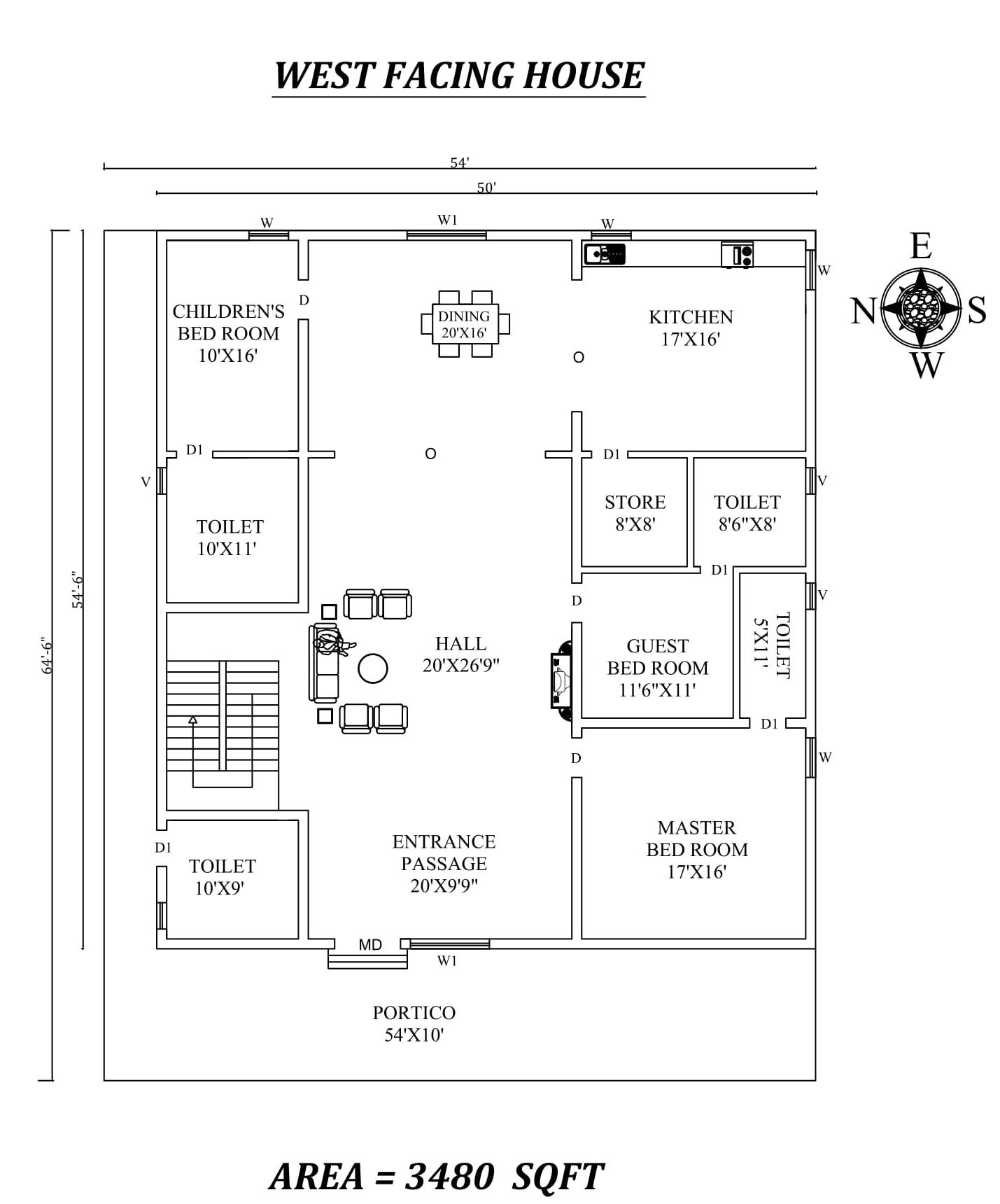 50'X 54'6" Beautiful 3bhk West facing House Plan As Per Vastu Shastra,Autocad DWG and Pdf file details.
