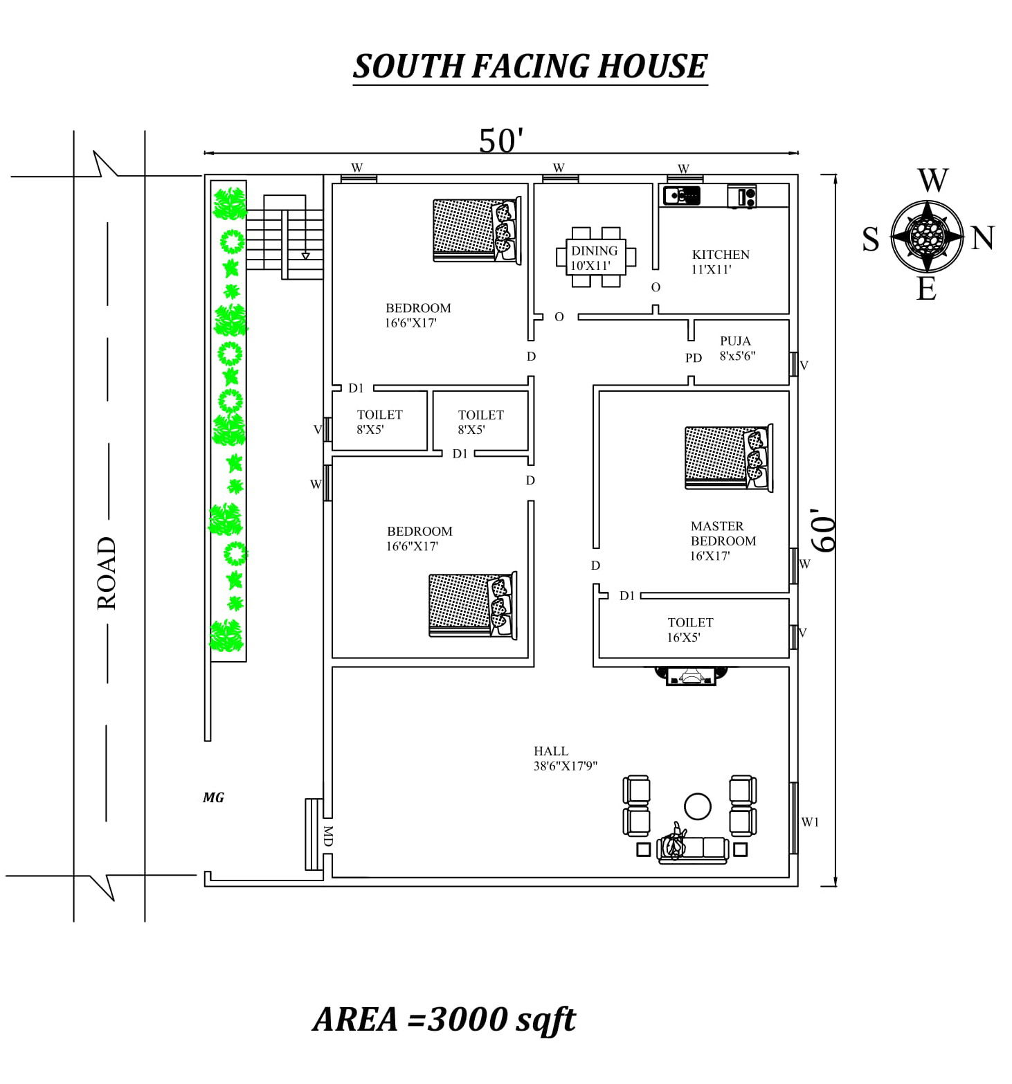 50'X60' 3bhk South facing House Plan As Per Vastu Shastra. Autocad DWG and Pdf file details.