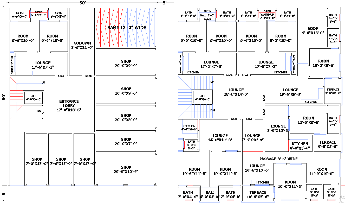50x60 Commercial Residential Building plan in CAD DWG File