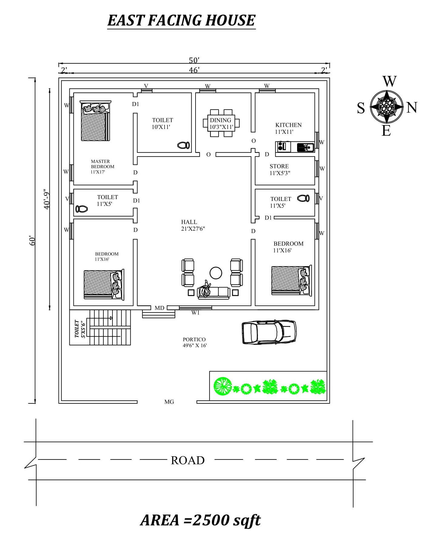 50'X60' Fully furnished East Facing 3BHk House Plan As Per Vasthu Shastra.