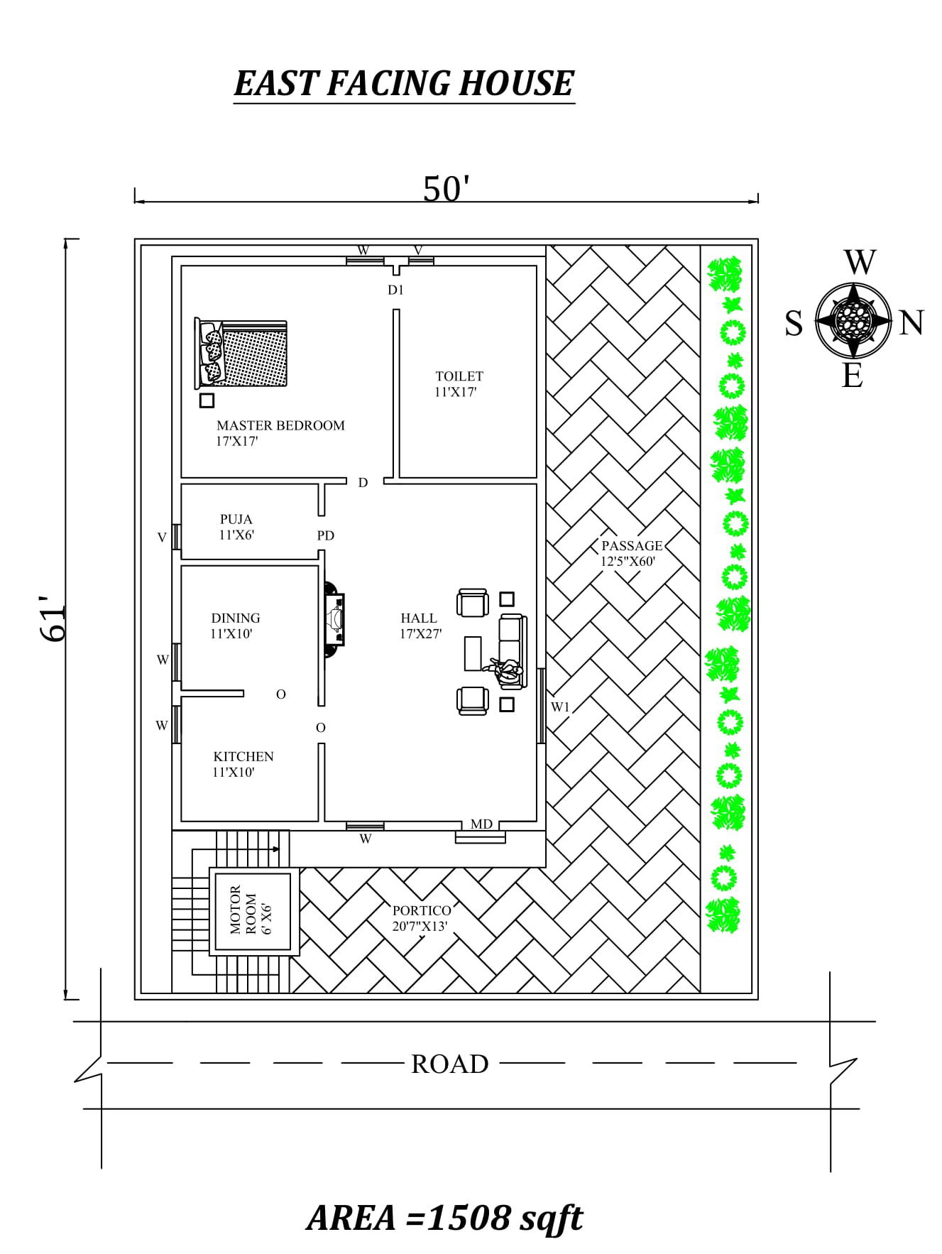 50'X61' Single bhk East facing House Plan As Per Vastu Shastra.Autocad DWG and Pdf file details.