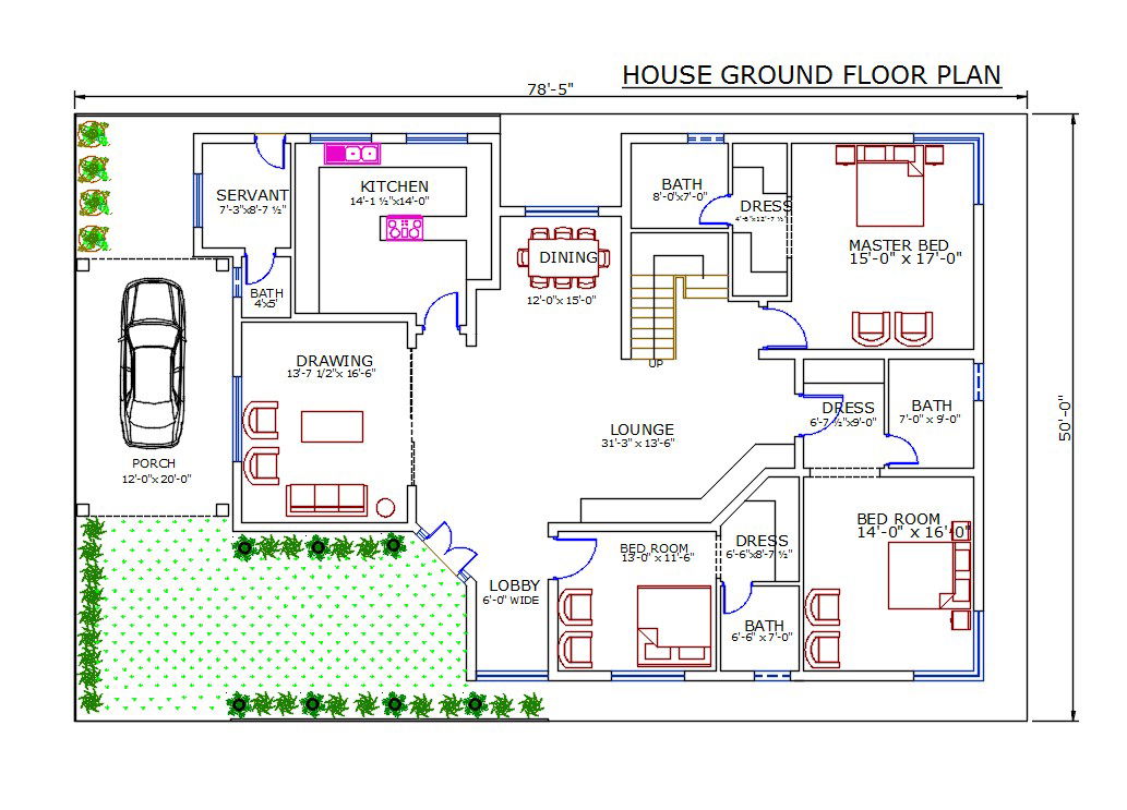 50' X 78' House Ground Floor Plan With Furniture Drawing DWG File