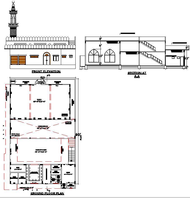 50x80 Mosque Floor Plan with Sections and Elevation CAD File