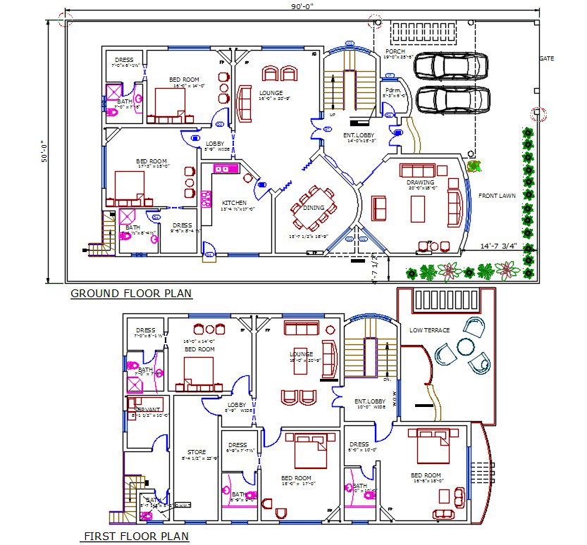 50' X 90' Architecture House Plan With Interior Furniture Design AutoCAD File