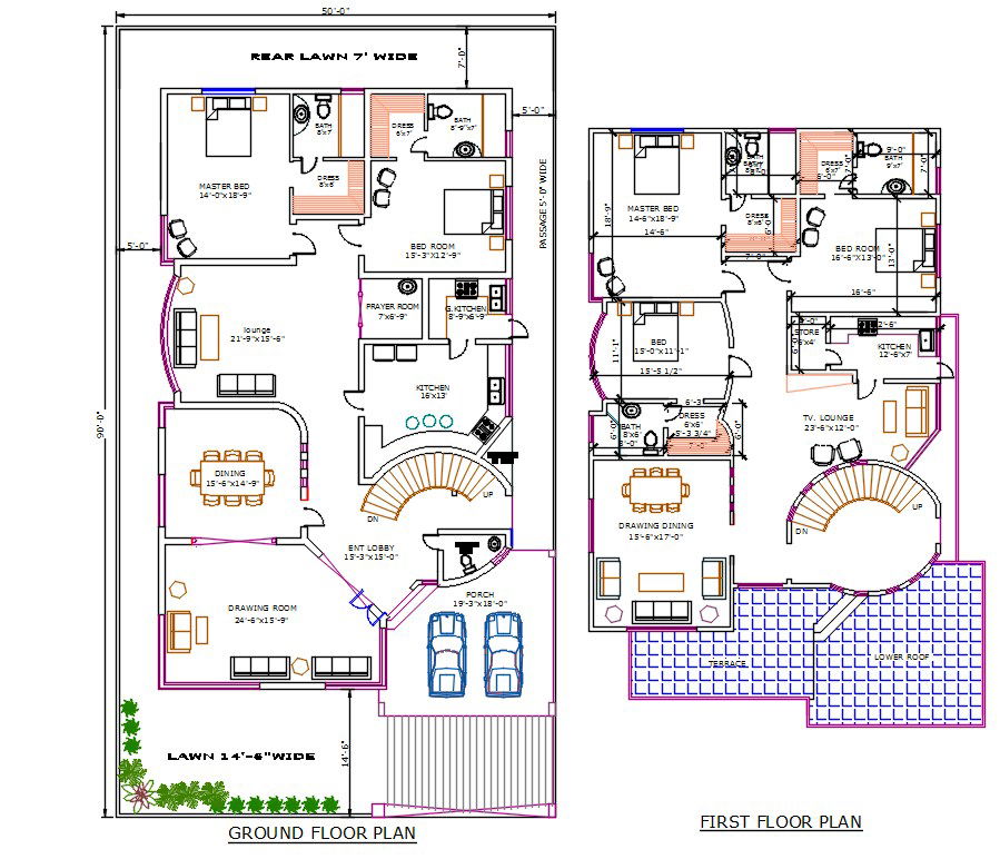 50X90 Feet Architecture House Plan With Furniture Drawing AutoCAD File (4500 SQFT)