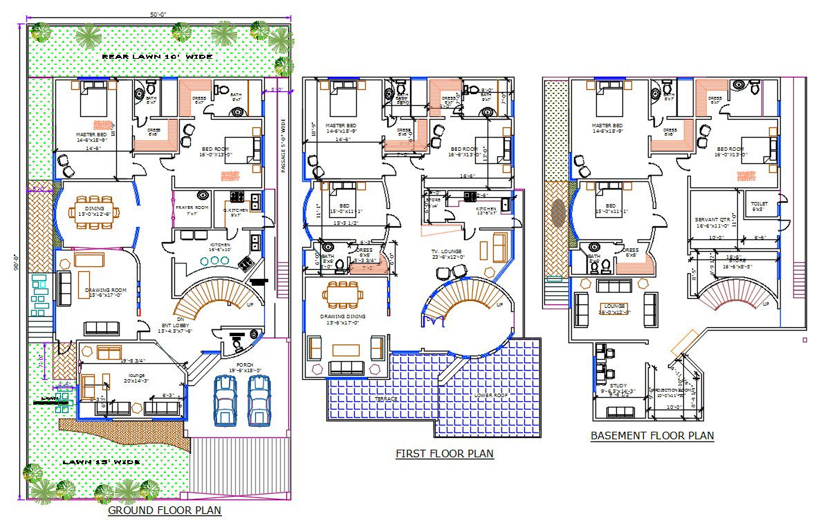 50'X90' House Layout Plan With Interior Furniture Drawing AutoCAD File