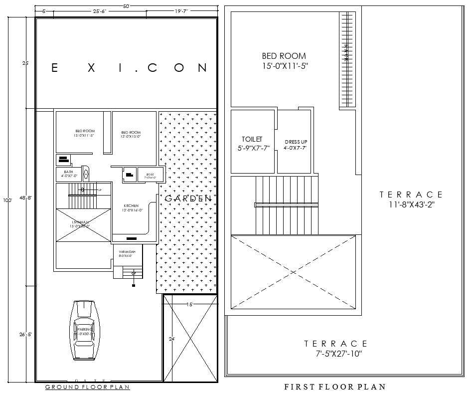 50ftx100ft 3BHK Ground and First Floor House Plan DWG File