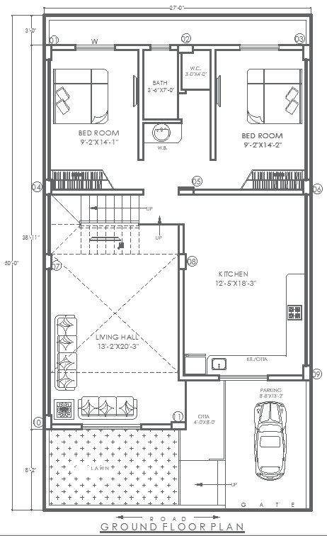 50ftx27ft 2BHK Ground Floor House Plan in DWG Format