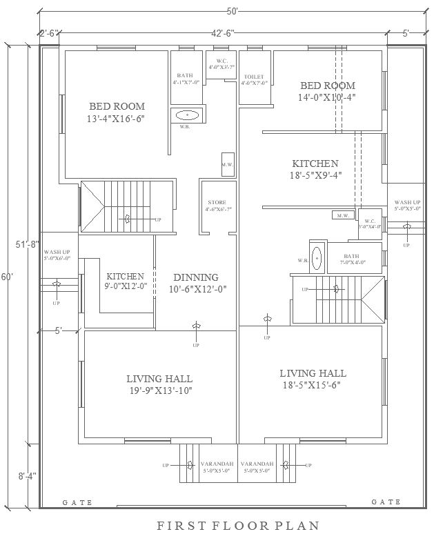 50ftx60ft First Floor House Plan Design DWG Format