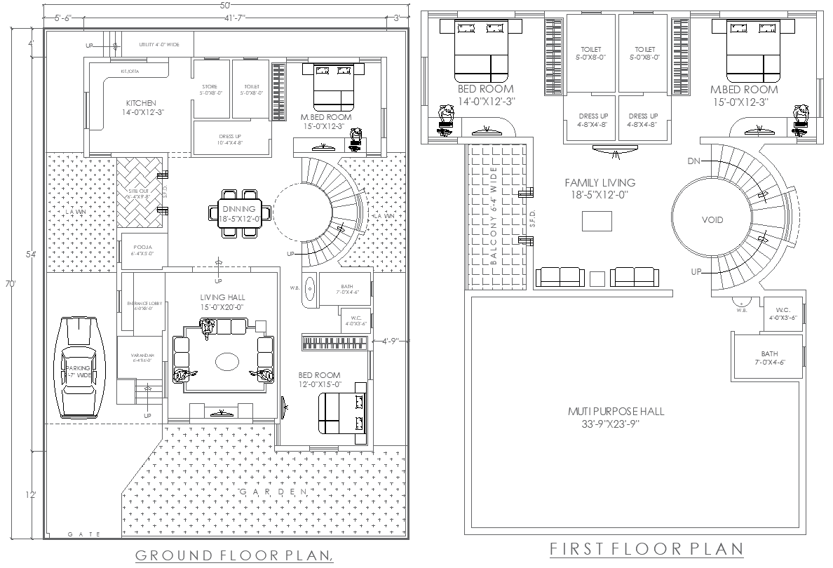 Two Floor 50ftx70ft 4BHK House Plan in AutoCAD Layout