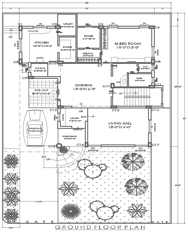 50ftx80ft 1BHK House Layout with Garden AutoCAD DWG File