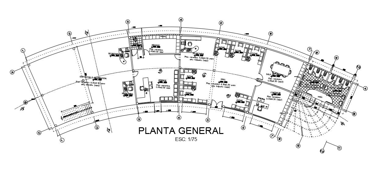 50x10m office plan is given in this AutoCAD drawing model.Download now.