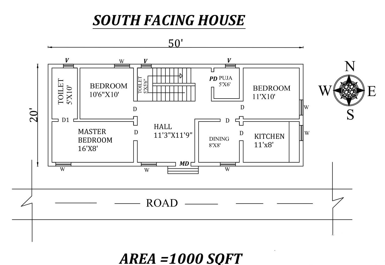 50×20 South Facing 3BHK House Plan AutoCAD Drawing As Per Vastu