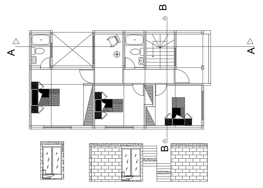50’x23’ first floor house plan is given in this AutoCAD drawing file. Download now.