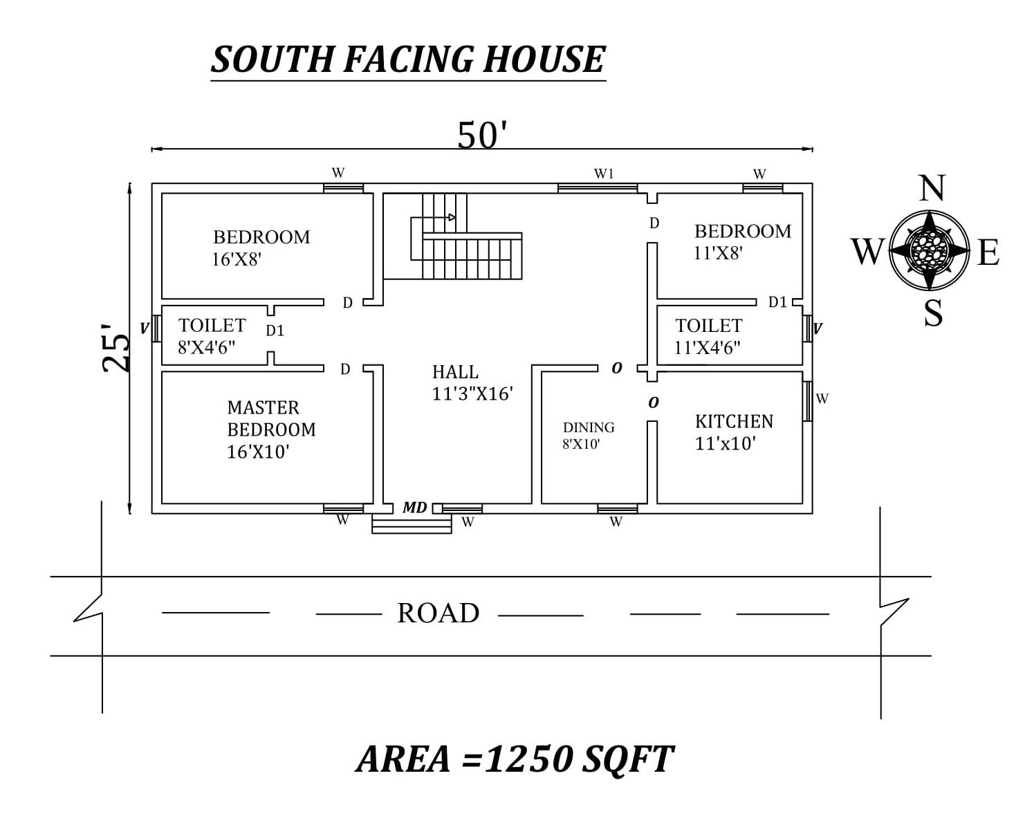  50'x25' Pretty 3BHK South Facing House plan drawing as per Vastu Shastra, Autocad DWG file Details.