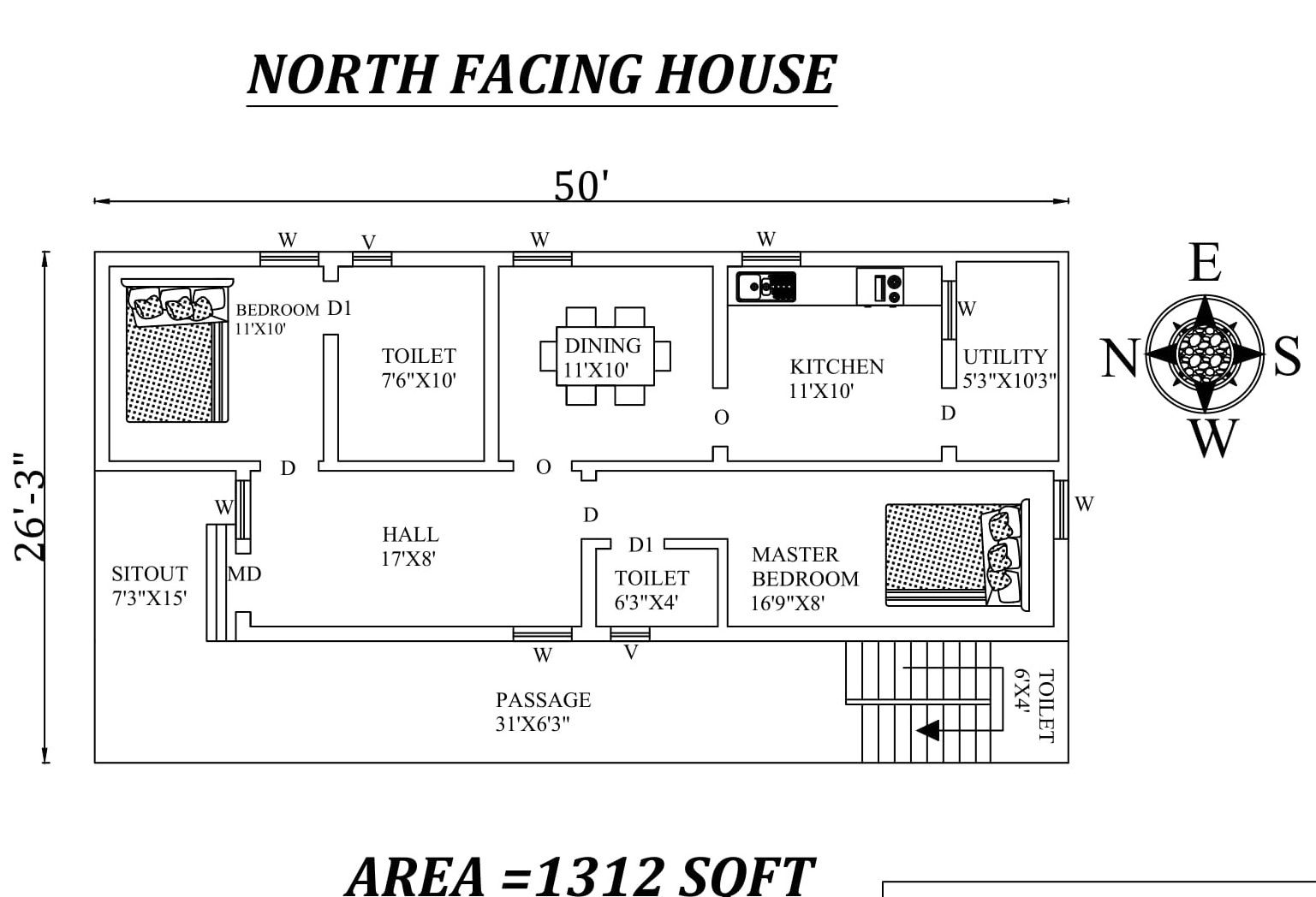 50'x26'3" 2bhk North-facing House Plan As Per Vastu Shastra, Autocad Dwg file Details