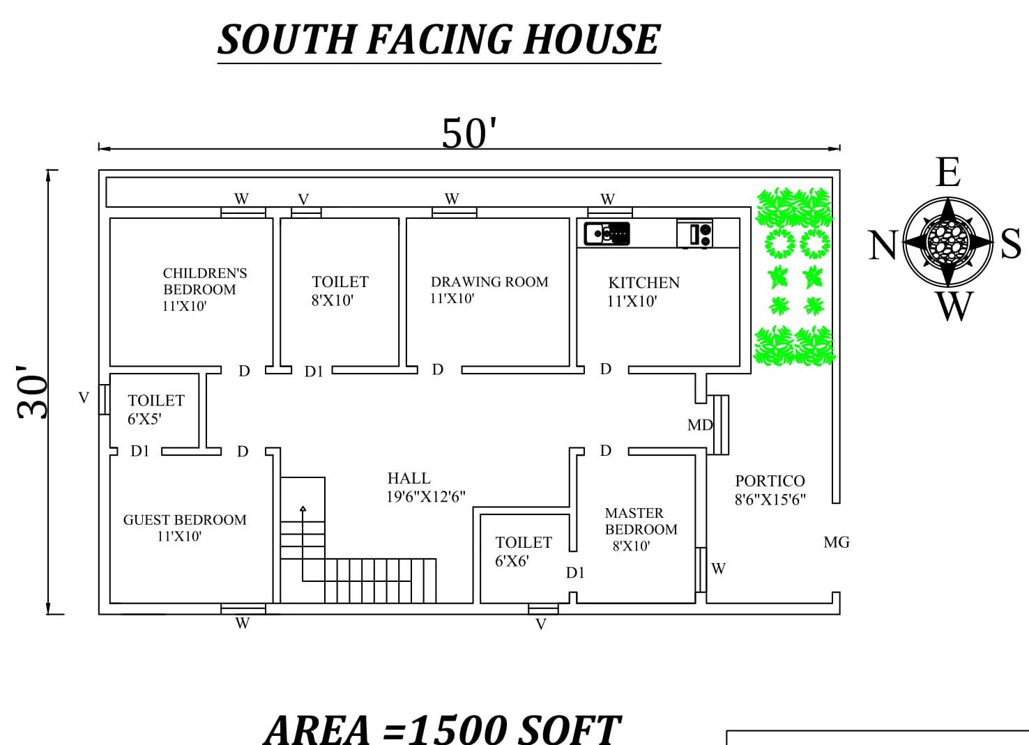 50'x30' Amazing South Facing 3BHK Houseplan Drawing file As per Vastu Shastra with inner staircase.
