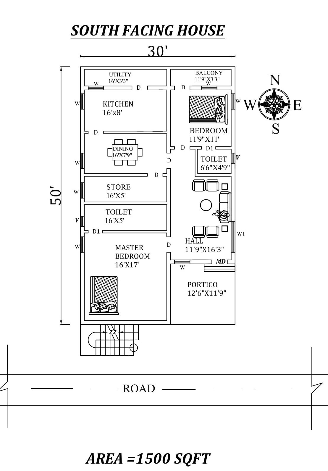 50'x30' very Good South Facing 2BHK House Plan As Per Vasthu Shastra, Autocad Dwg File Details.
