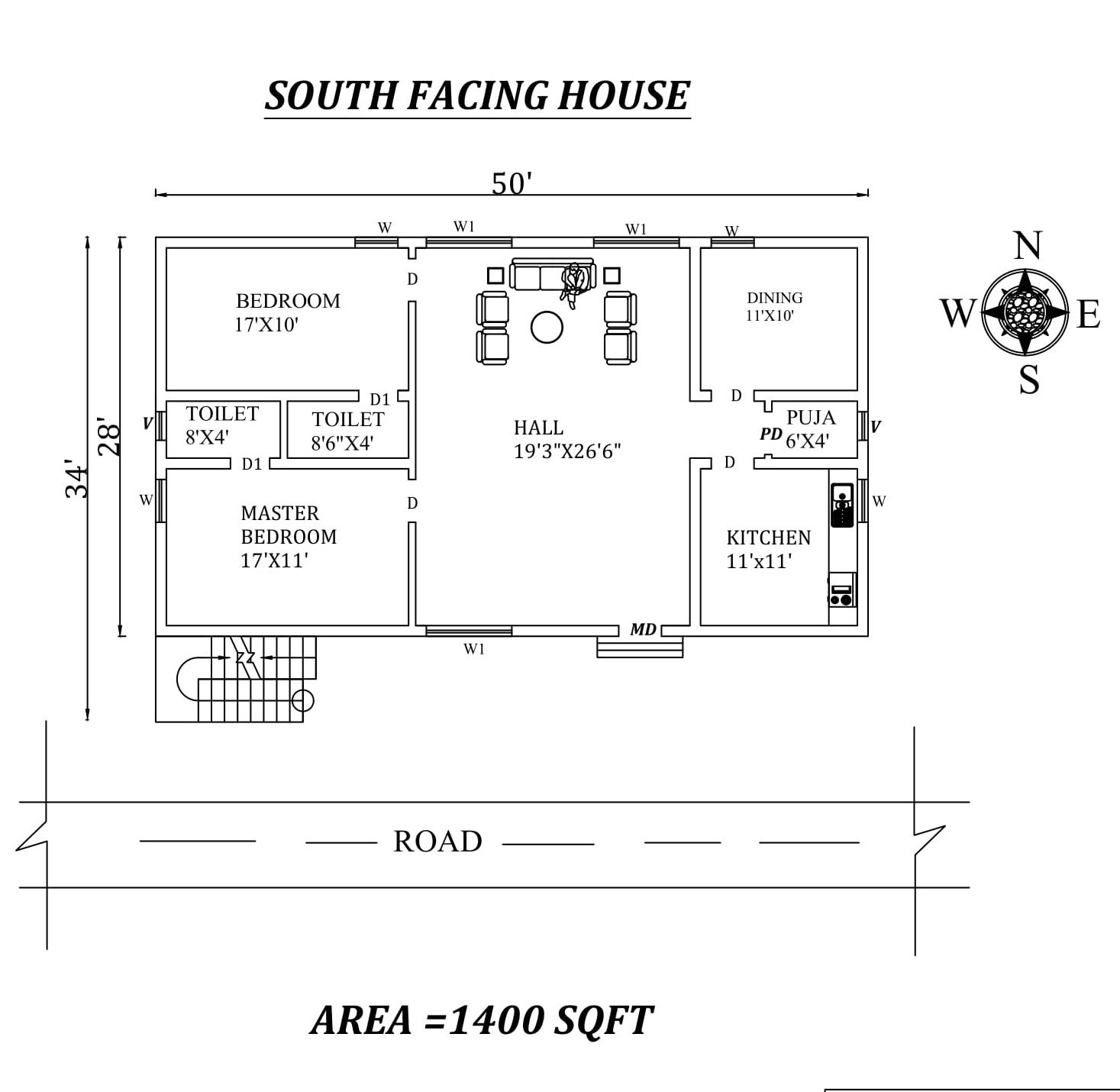 50'x34' 2BHK South Facing House Plan As Per Vastu Shastra, Cad Drawing File details.