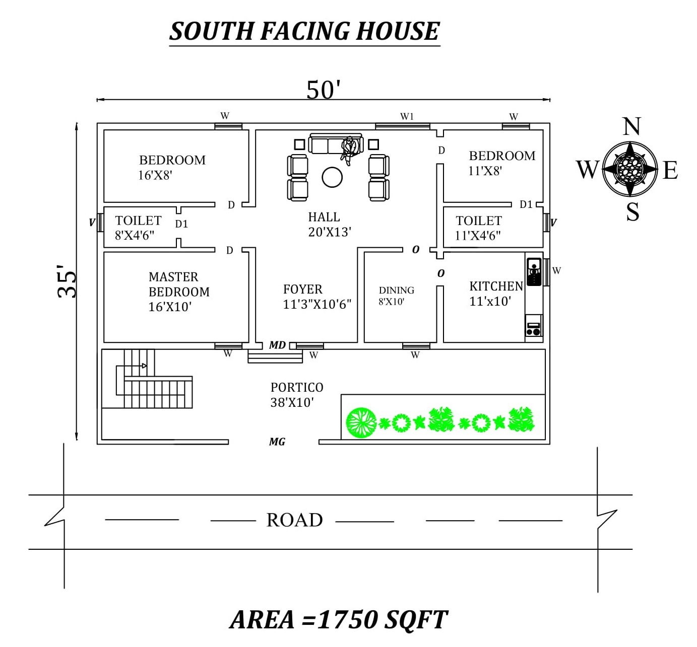 50'x35' South facing 3BHK House plan as per vastu shastra, Autocad Drawing file details