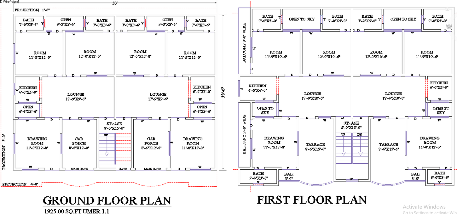 50x38 Contemporary House Plan with DWG Layout and 3 Bedrooms
