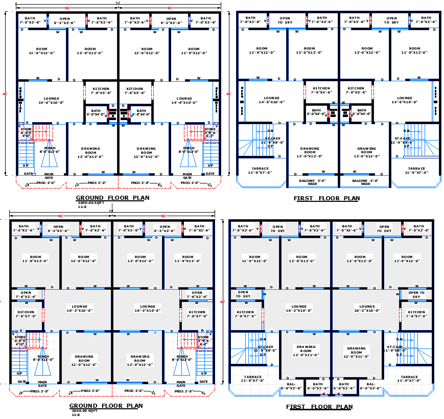 50x40 Two House Floor Plan with Shared Wall Layout in DWG File