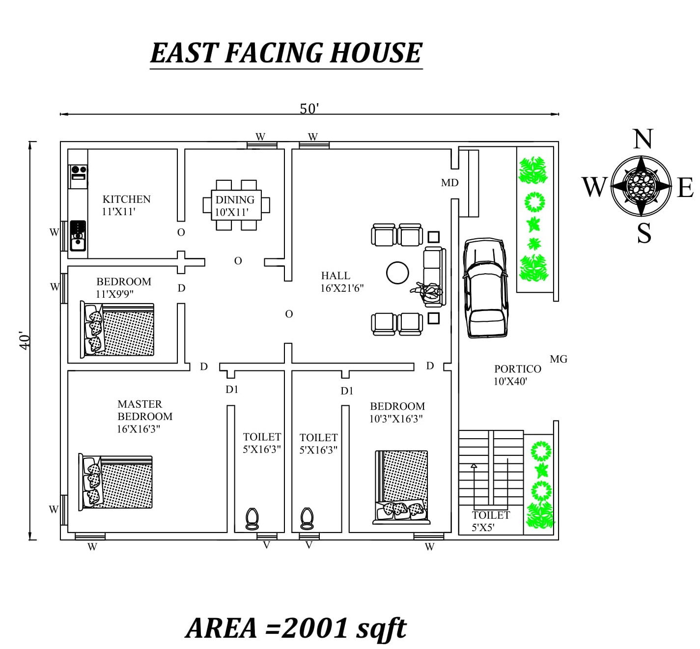 50'x40' Fully Furnished Wonderful 3BHK East Facing House Plan As Per Vastu Shastra , Autocad DWG file Details