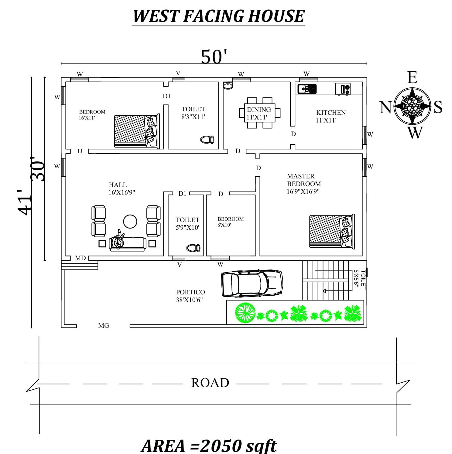 50'x41' Superb 3BHk West facing house plan as per vastu Shastra,CAD DWG file details.