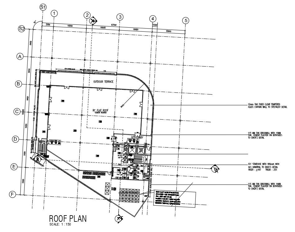 50x43m commercial shop roof floor plan is given in this Autocad drawing file. Download the AutoCAD file.