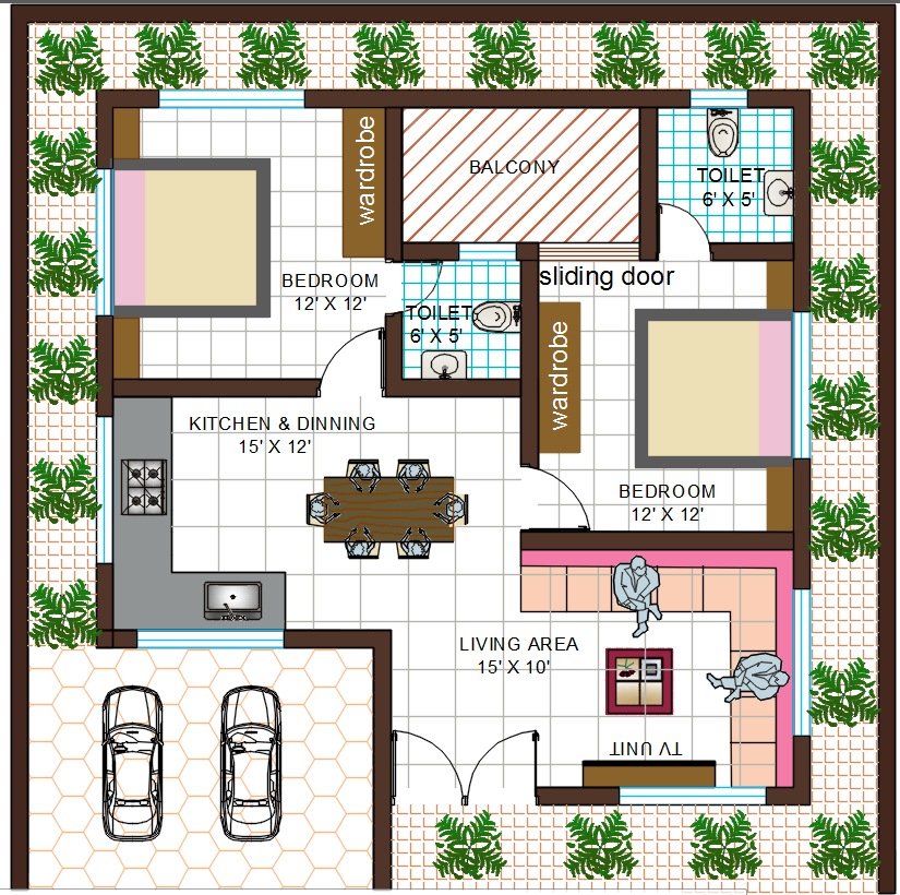 50' x 50' 2 BHK House plan With L Shaped Kitchen Architecture Cad File.