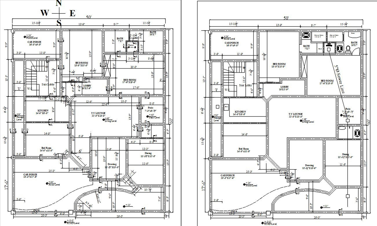 50x60 house floor plan in AutoCAD 2D with dimension