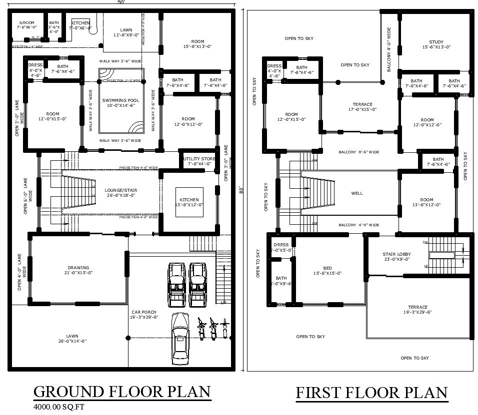 Luxury residential CAD Drawing File 50 by 80 two-storey plan