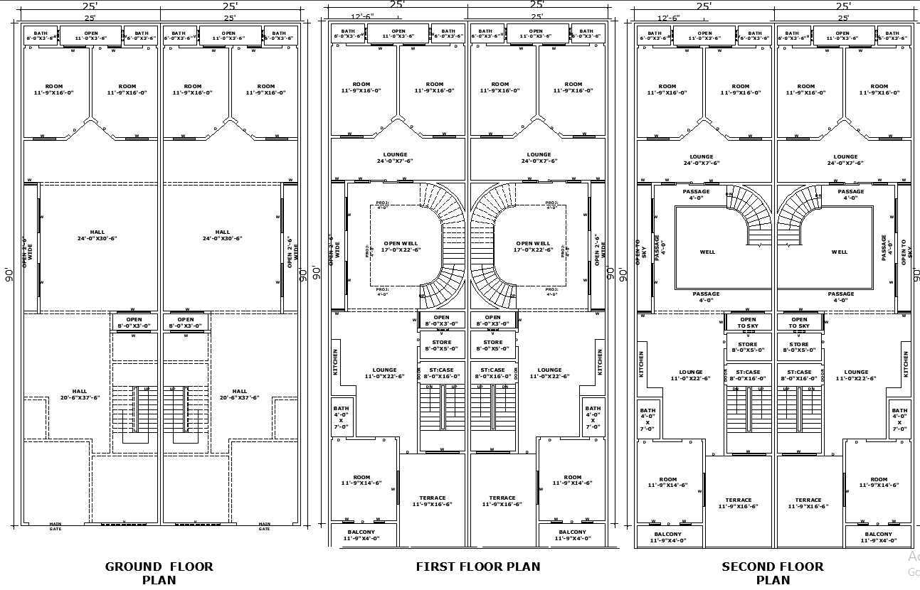 50x90 3-Storey Commercial Residential DWG Drawing Plan