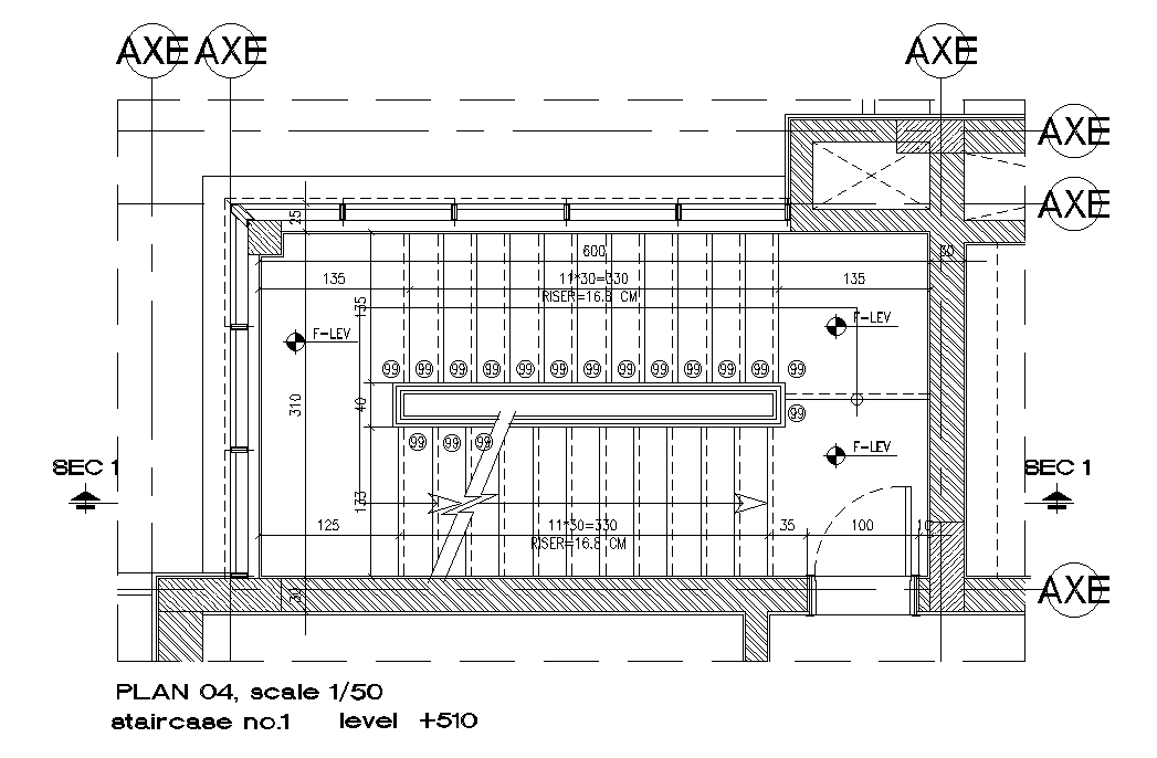 510 level of the 600x310cm staircase plan is given in this AutoCAD model. Download now.