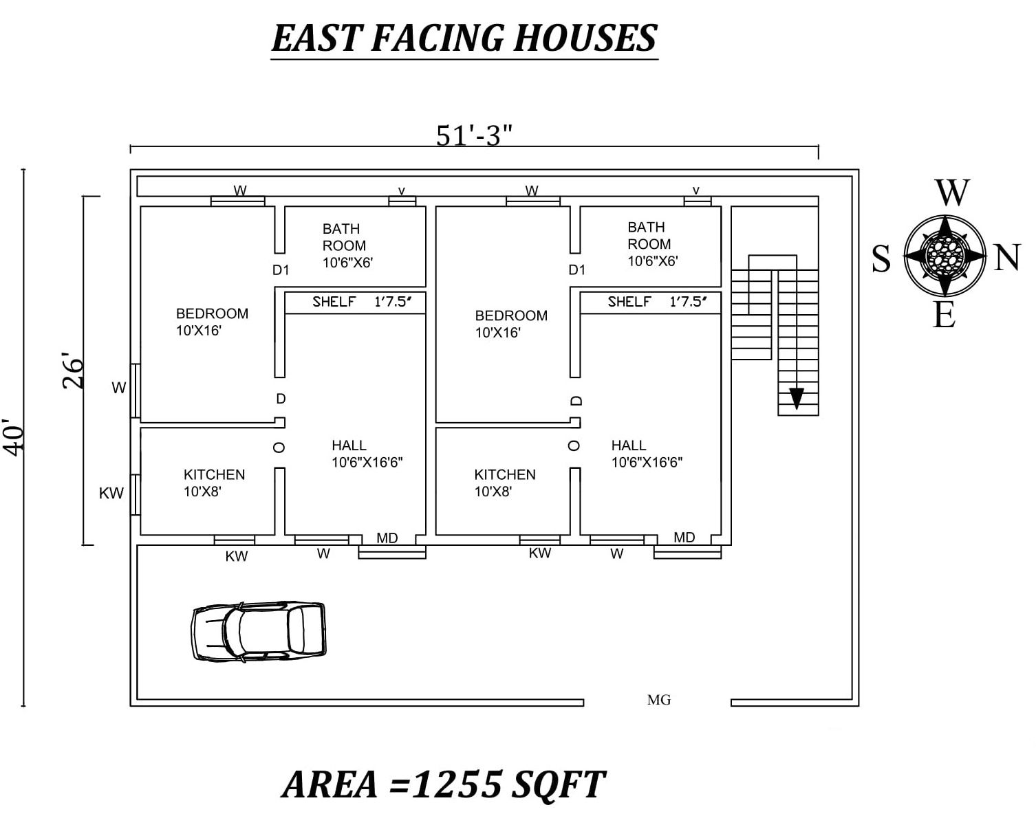 51'3"X40' Single bhk East facing Dual House Plan As Per Vastu Shastra.Autocad DWG and Pdf file details.