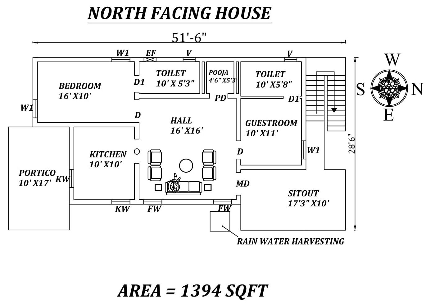 51'6"X28'6" Amazing North facing 2bhk house plan as per vastu Shastra.Autocad DWG and Pdf file details.