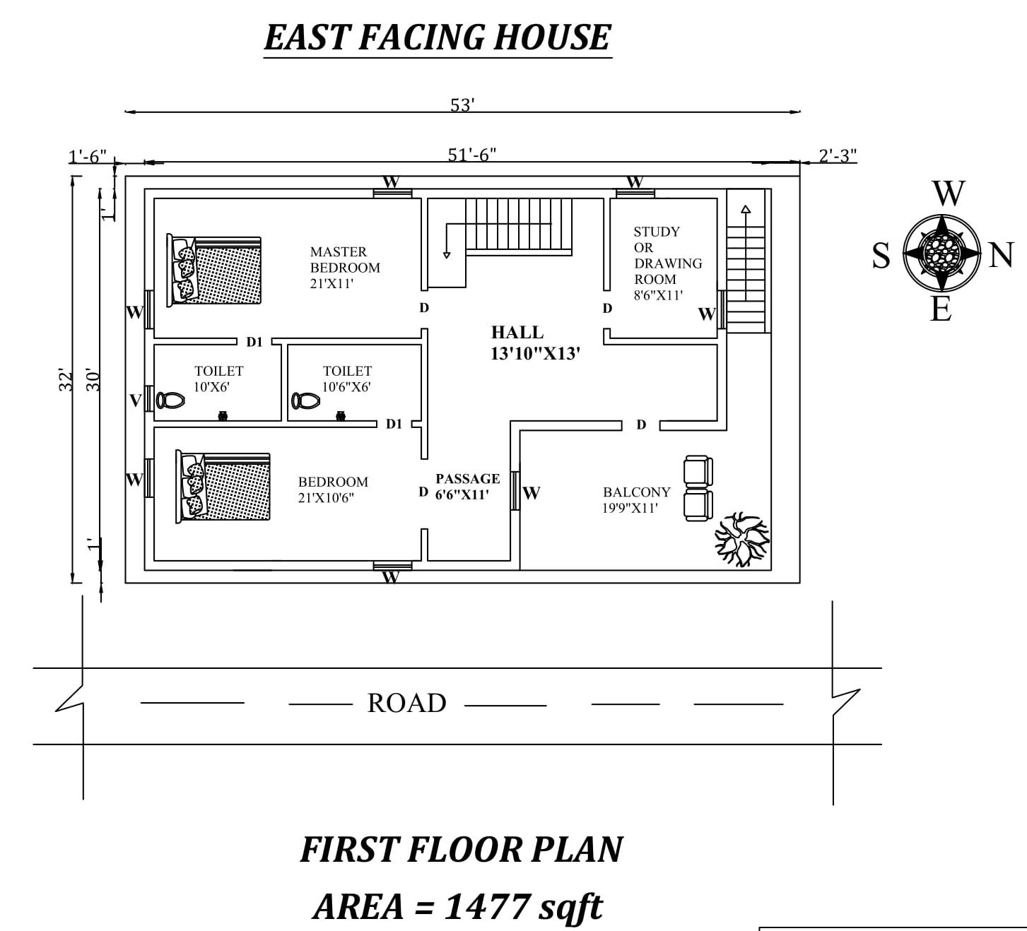 51'6"X30' 2bhk East facing first floor House Plan Layout As Per Vastu Shastra. Autocad DWG and Pdf file details.
