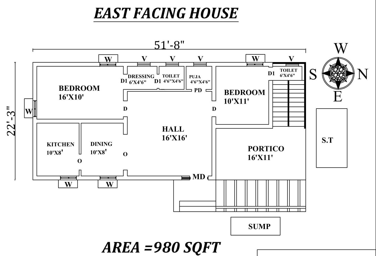 51'8"x22'3" Awesome 2bhk East facing House Plan As Per Vastu Shastra,Autocad DWG and Pdf file details.