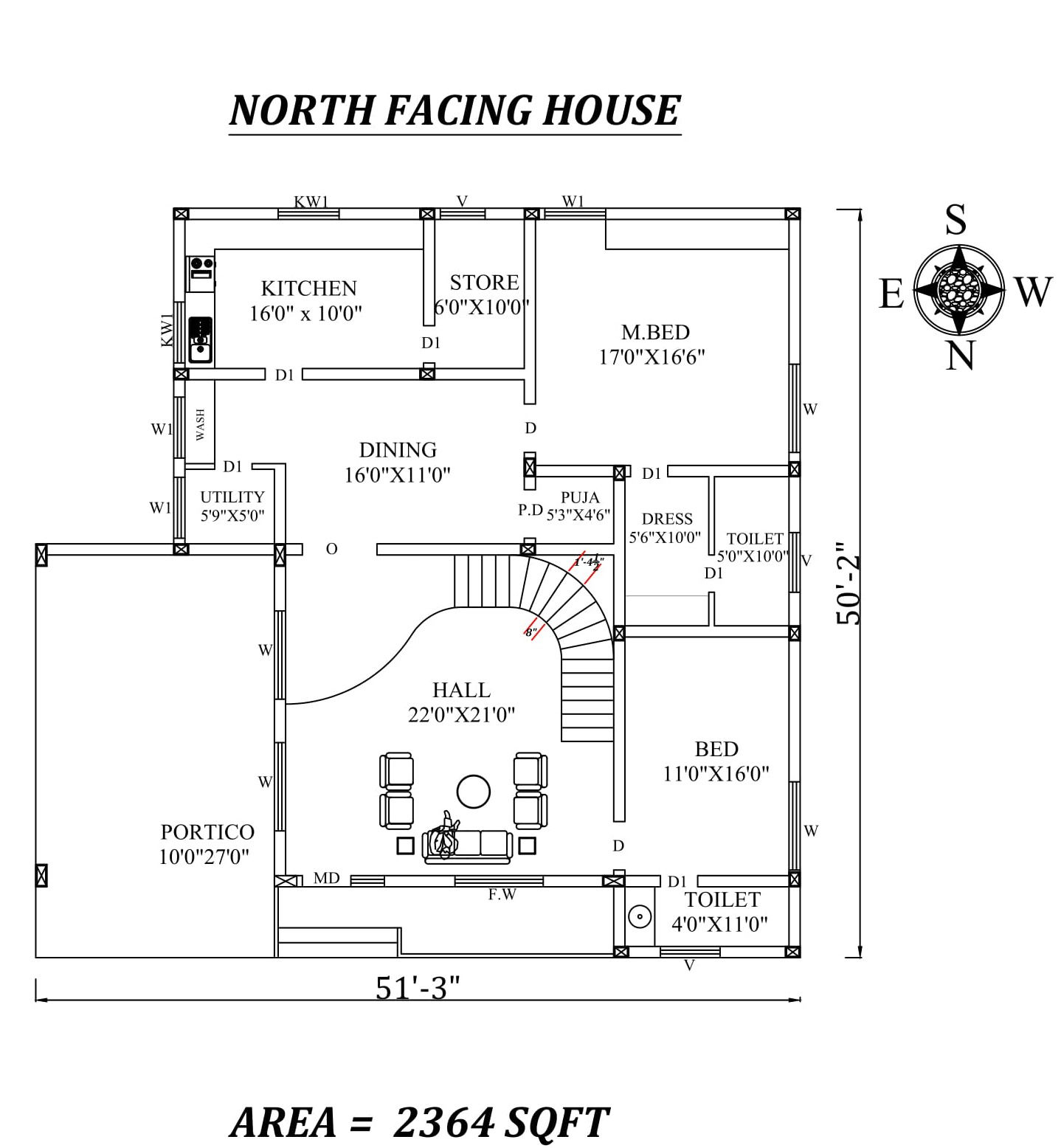 51'X50' Amazing North facing 2bhk house plan as per Vastu Shastra.Autocad DWG and Pdf file details.