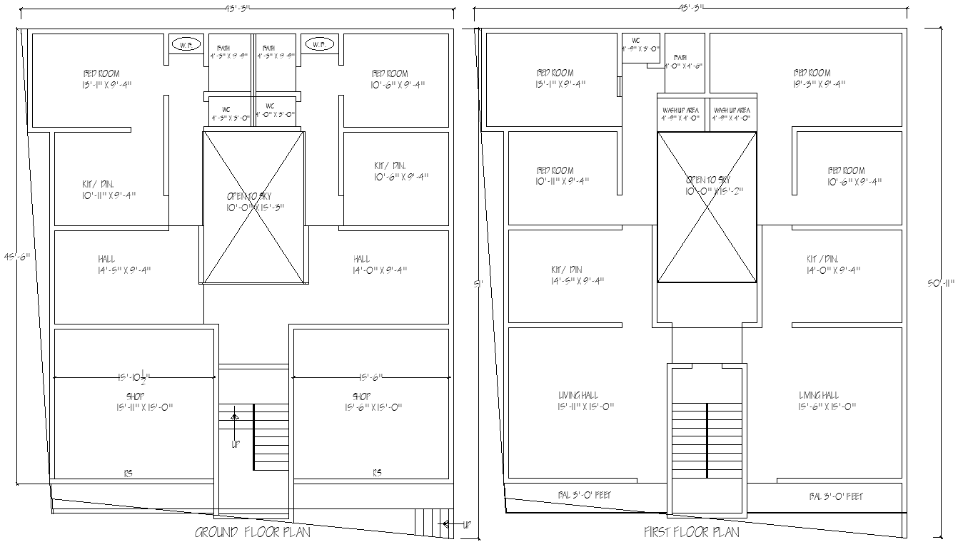 51ft x 43.3ft Two Floor House Plan Layout With Shop Plan Layout - AutoCAD DWG File