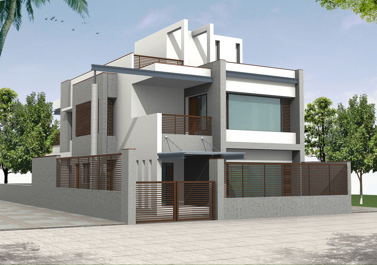 3D Modern Bungalow AutoCAD Drawing Showing Exterior Render Design