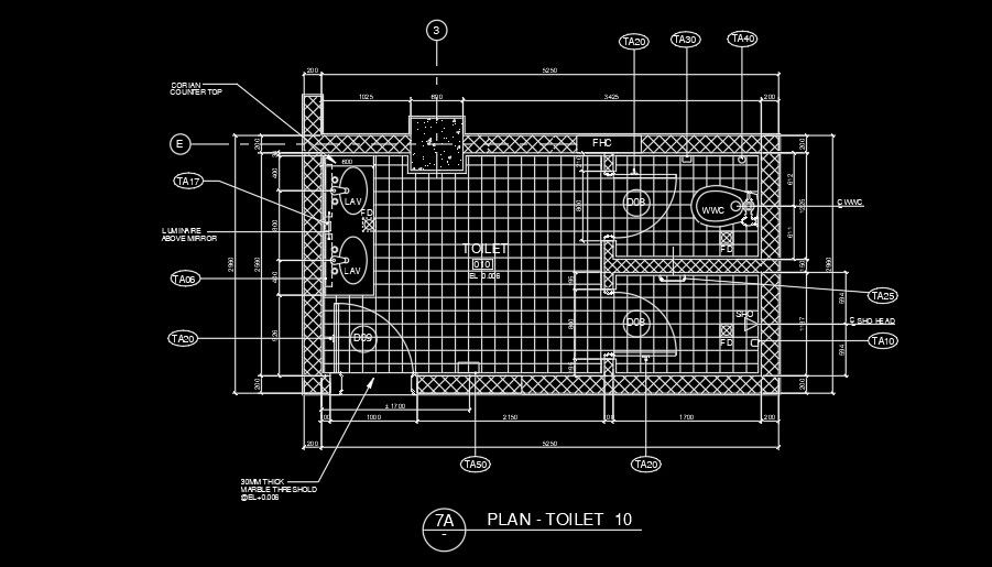 5250x2000mm hospital toilet plan AutoCAD drawing