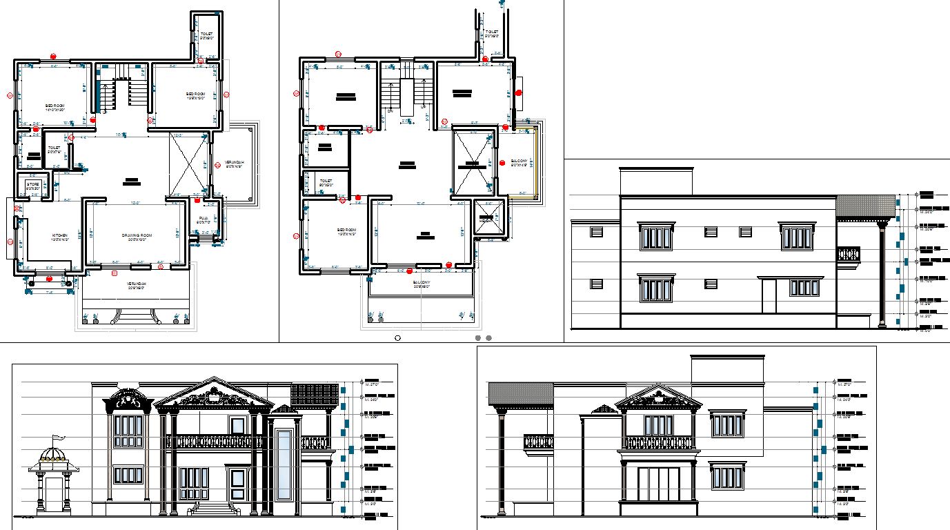 50x50 Bungalow AutoCAD DWG Layout with Floor Plan and Elevation