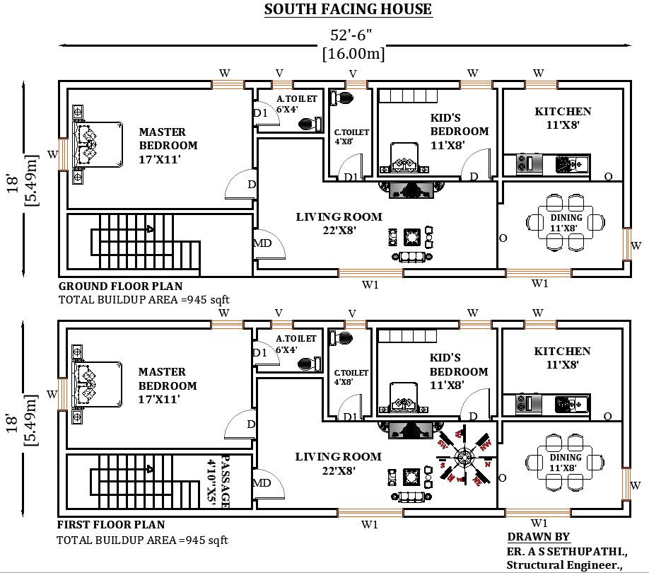 52'6"X18' South facing Vastu house plan. Download Autocad DWG and PDF file.